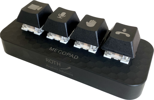 4 tasten Tastatur, Teams Tastatur, Webex tastatur, Zoom Tastatur, Mute, Kamera einschalten, Handhebeln, Hand heben, Auflegen, Kurzwahltasten, tastenkombination, externe Tastatur, einfache Bedienung