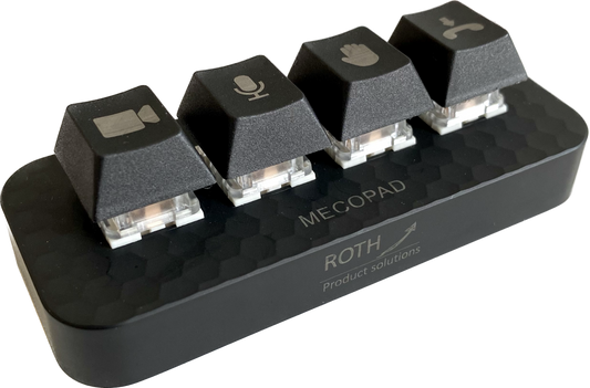 4 tasten Tastatur, Teams Tastatur, Webex tastatur, Zoom Tastatur, Mute, Kamera einschalten, Handhebeln, Hand heben, Auflegen, Kurzwahltasten, tastenkombination, externe Tastatur, einfache Bedienung